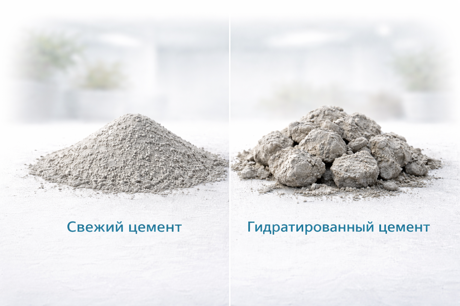 Сравнение свежего и гидратированного (старого) цемента в двух горках