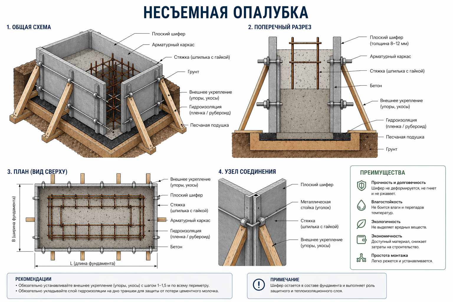 Инфографика несъёмная опалубка фундамента из плоского шифера