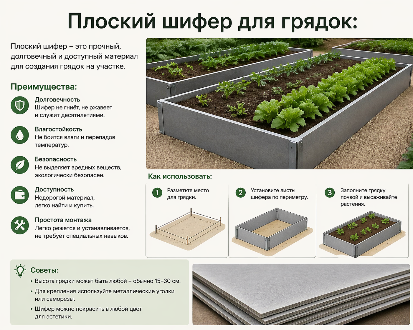 Инфографика плоский шифер для грядок - преимущества и этапы монтажа
