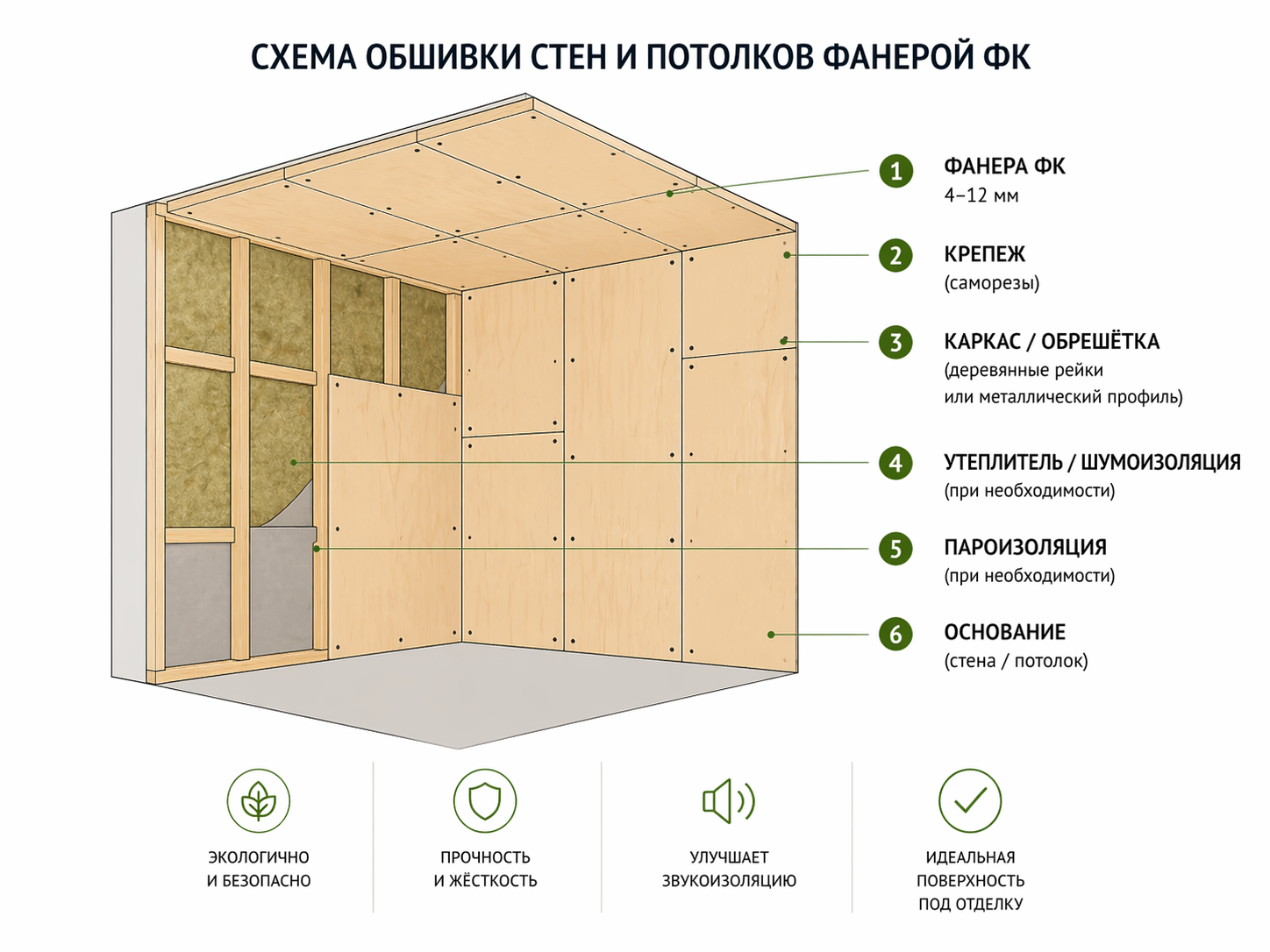 Схема обшивки стен и потолка каркасного дома фанерой ФК с утеплителем и пароизоляцией