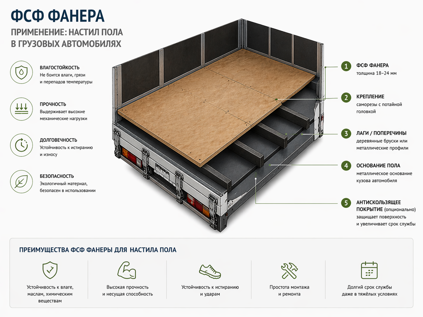 Инфографика применения фанеры ФСФ для настила пола в грузовом автомобиле
