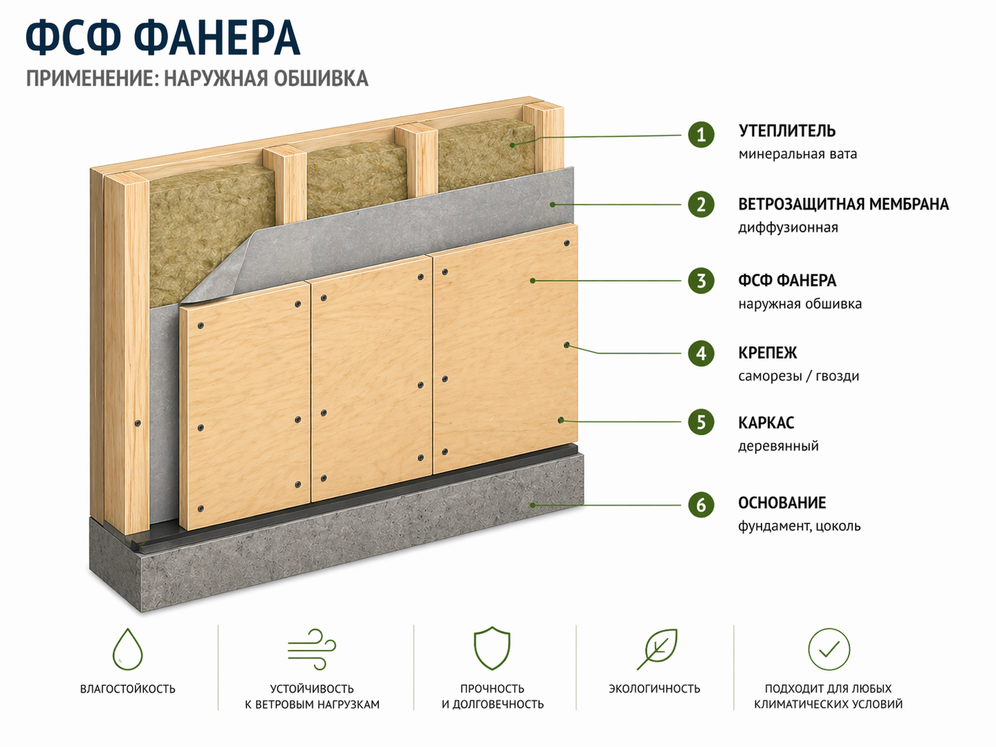 Схема наружной обшивки каркасного дома фанерой ФСФ с утеплителем и ветрозащитой