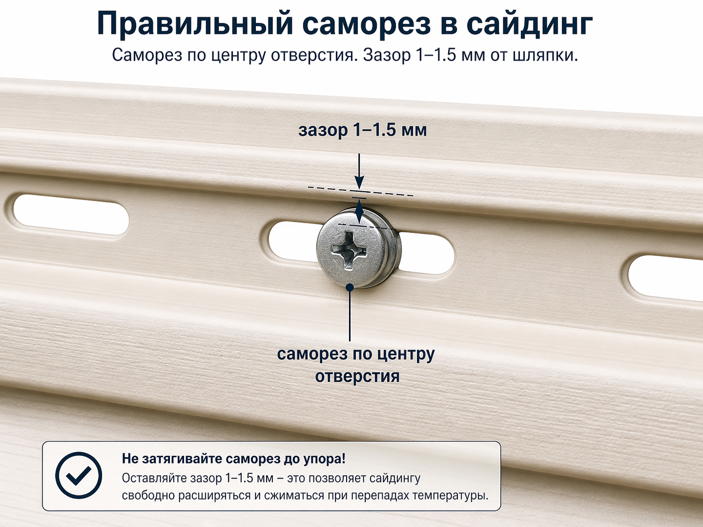 Правильный саморез в сайдинг - зазор 1-1.5 мм от шляпки по центру отверстия