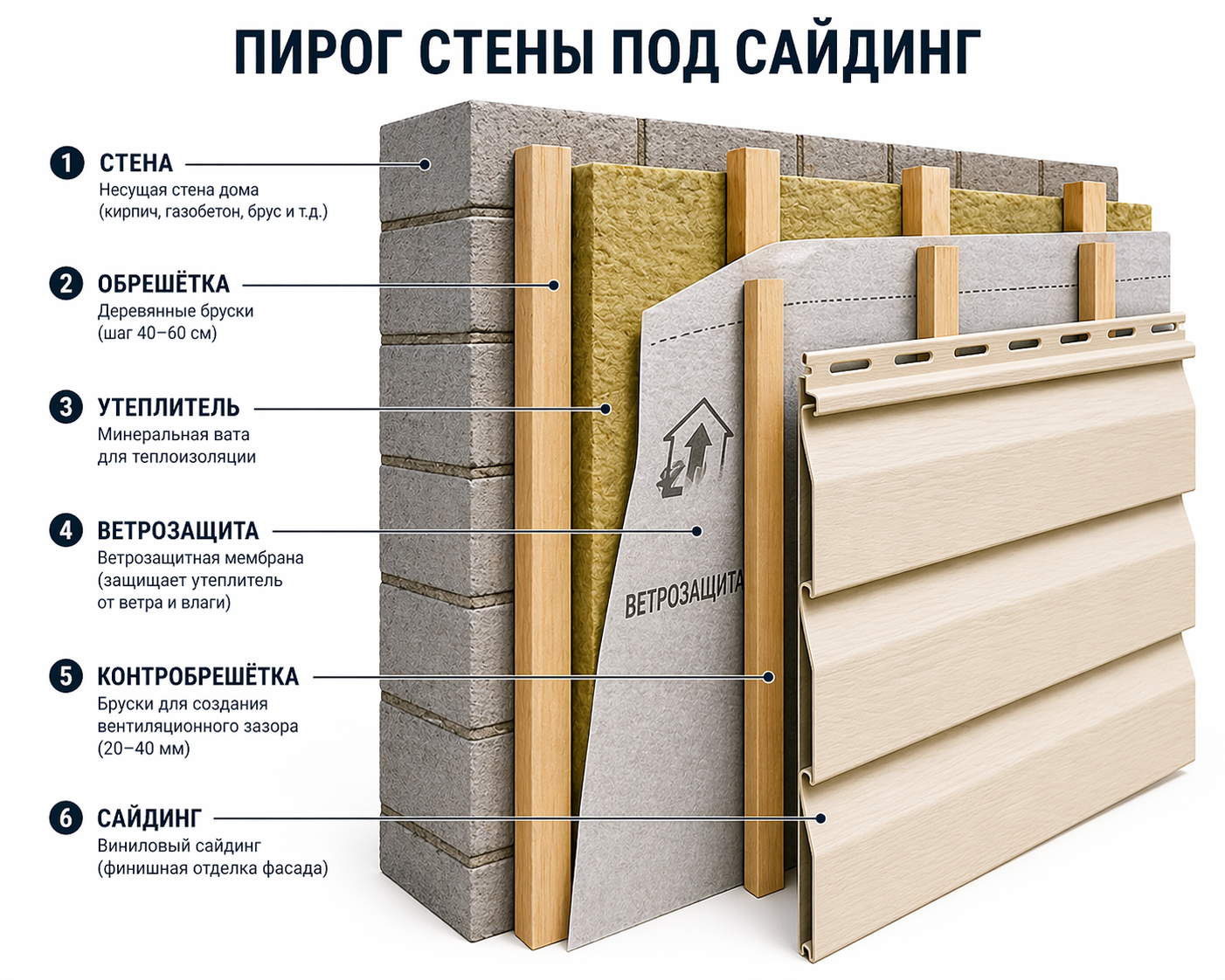 Пирог стены под сайдинг - обрешётка утеплитель ветрозащита контробрешётка сайдинг
