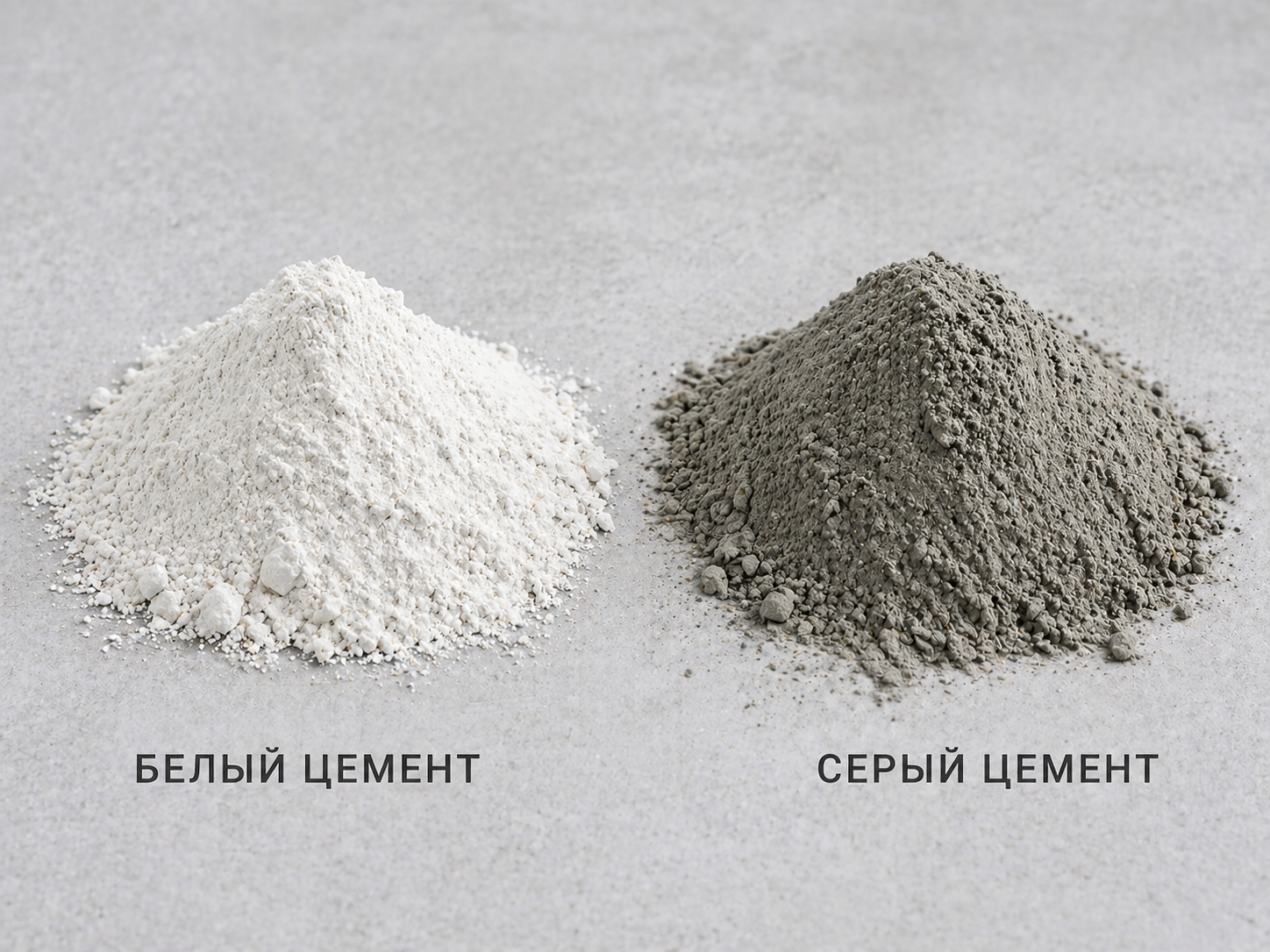 Две горки порошка - белый и серый цемент - на нейтральном фоне с подписями
