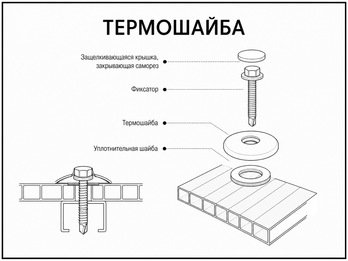 Схема термошайбы в разрезе - крышка, фиксатор, уплотнительная шайба и узел крепления к сотовому поликарбонату