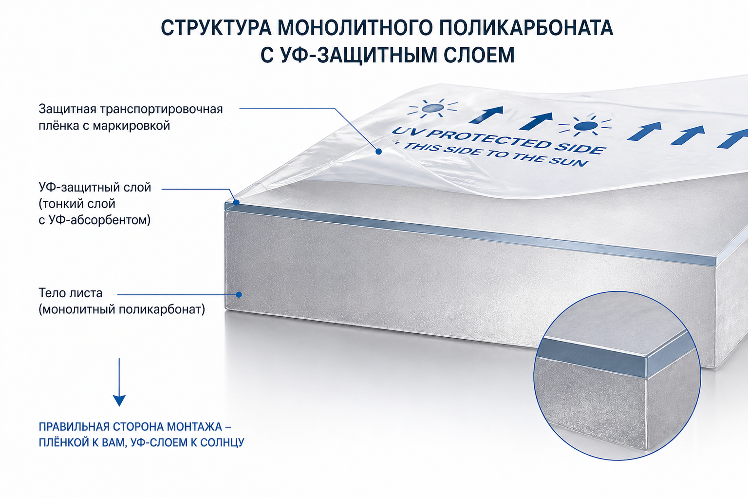 Схема структуры монолитного поликарбоната с УФ-защитным слоем и плёнкой