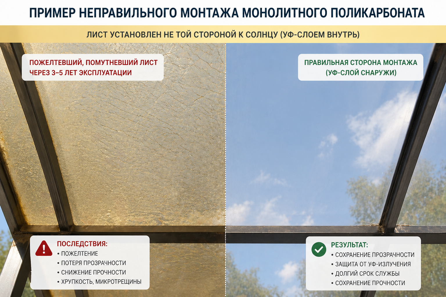 Сравнение правильного и неправильного монтажа: пожелтевший лист и сохранивший прозрачность