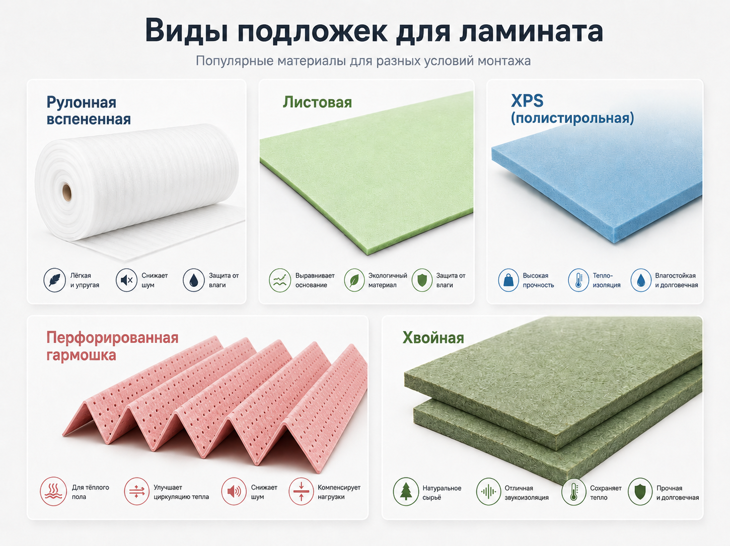 Виды подложек для ламината: рулонная вспененная, листовая, XPS полистирольная, перфорированная гармошка, хвойная плита
