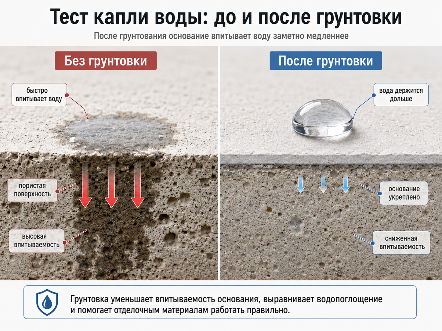 Тест капли воды на загрунтованной и незагрунтованной поверхности
