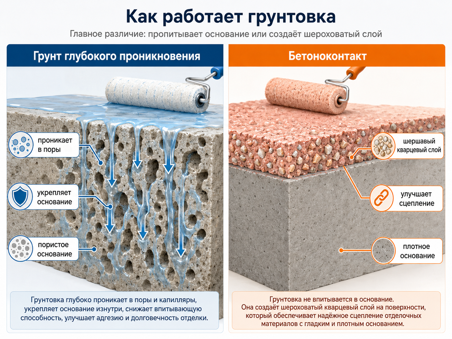 Схема: грунт глубокого проникновения пропитывает поры, бетоноконтакт создаёт шероховатый слой