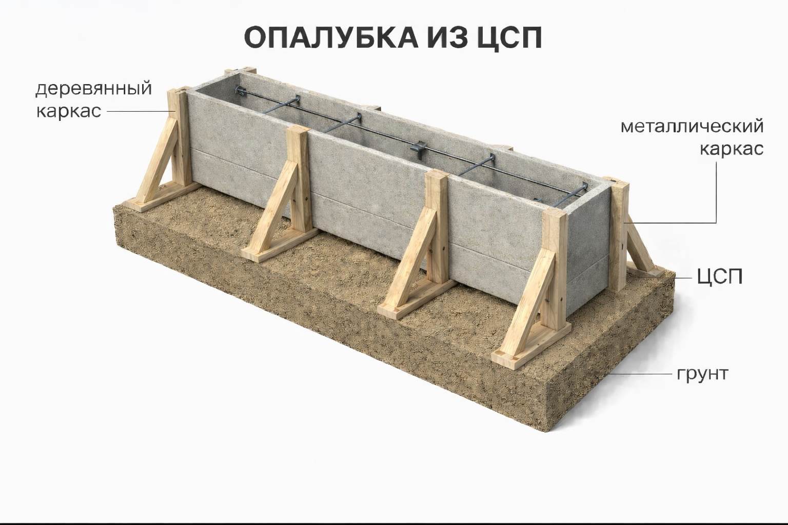 Инфографика устройства несъёмной опалубки из ЦСП - ЦСП, деревянный каркас, металлический каркас арматуры, грунт