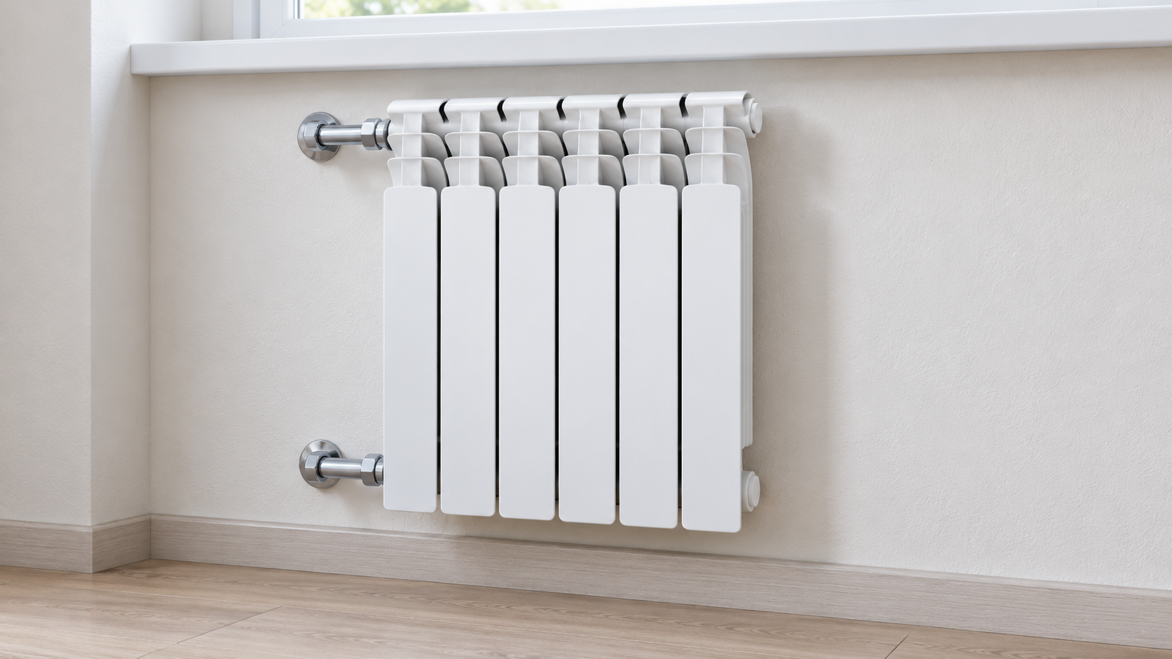 Белый биметаллический радиатор SUNNY HEATER 500/80 на 6 секций на стене