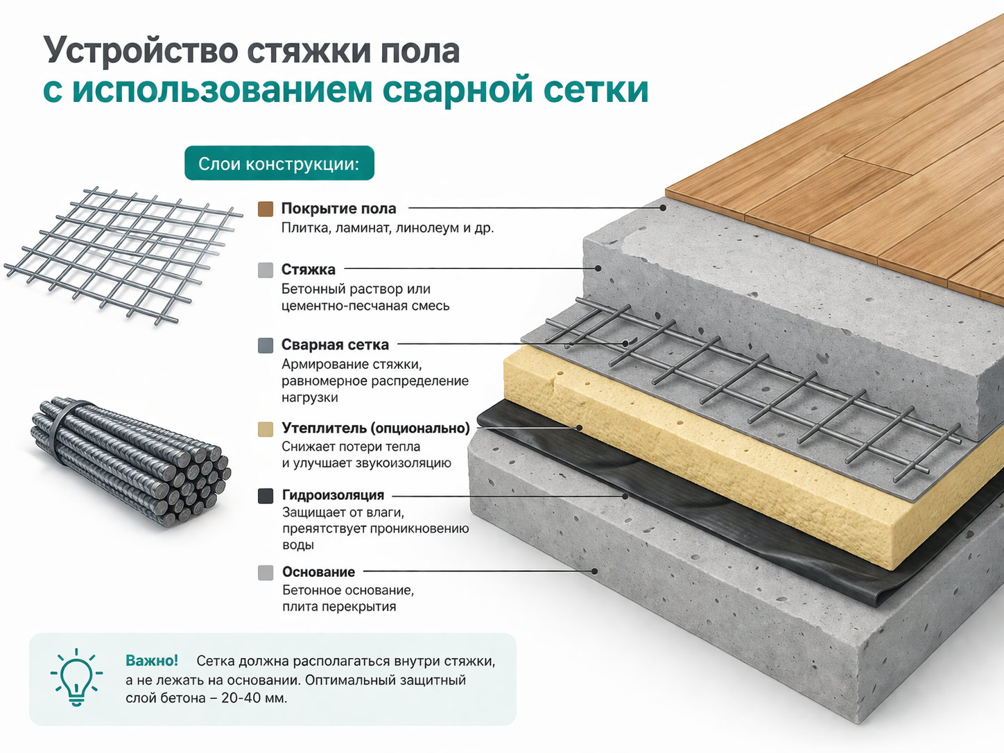 Схема пирога стяжки пола: покрытие, бетонная стяжка, сварная сетка, утеплитель, гидроизоляция и основание