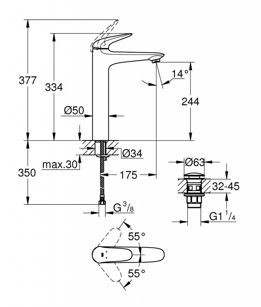 Смеситель для умывальника GROHE WAVE донный клапан 3/8 23585001 - фото 2