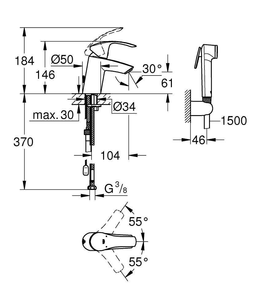 Смеситель для умывальника GROHE EUROSMART 3/8 с гигиеническим душем 23124002 - фото 2