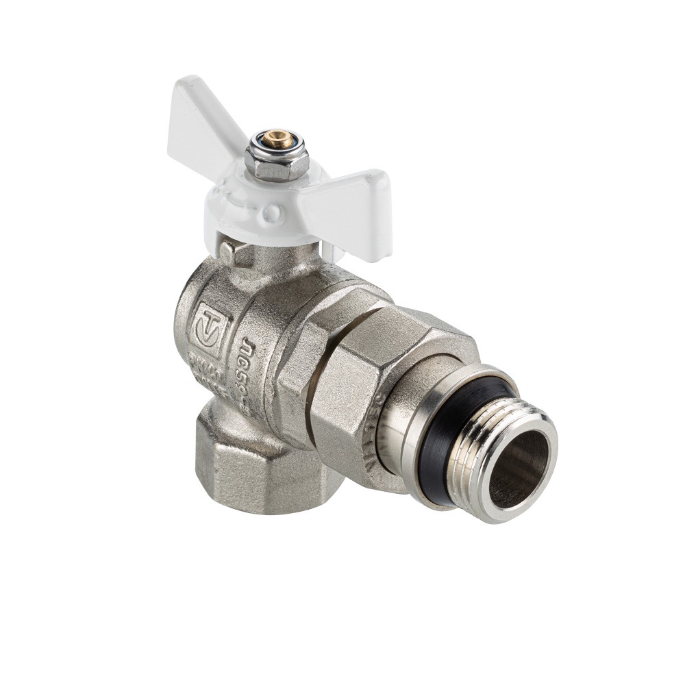 Кран шаровой угловой Valtec BASE-ГОСТ американка 1/2" с дополнительным уплотнением, белая ручка, DN15, PN40