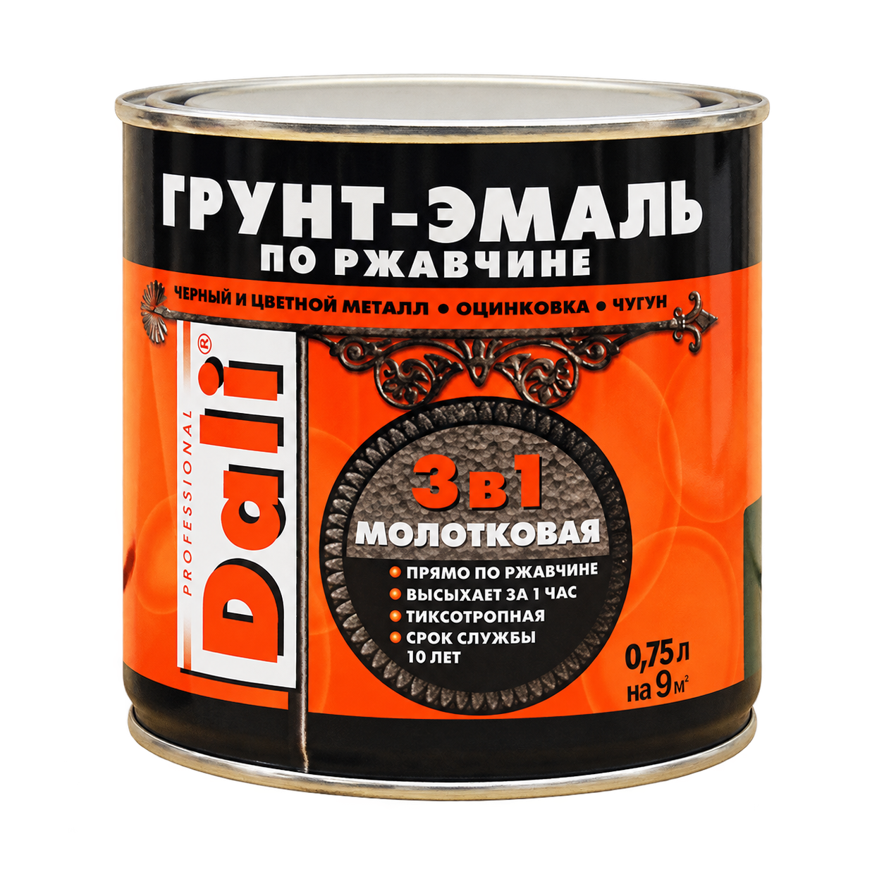Грунт-эмаль по ржавчине DALI® 3в1 молотковая, черная 0,75 л, Рогнеда
