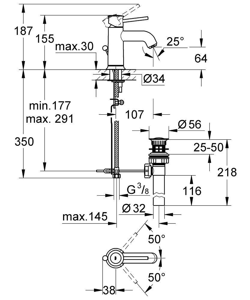 Смеситель для умывальника GROHE BAUCLASSIC донный клапан 3/8 23161000 - фото 2