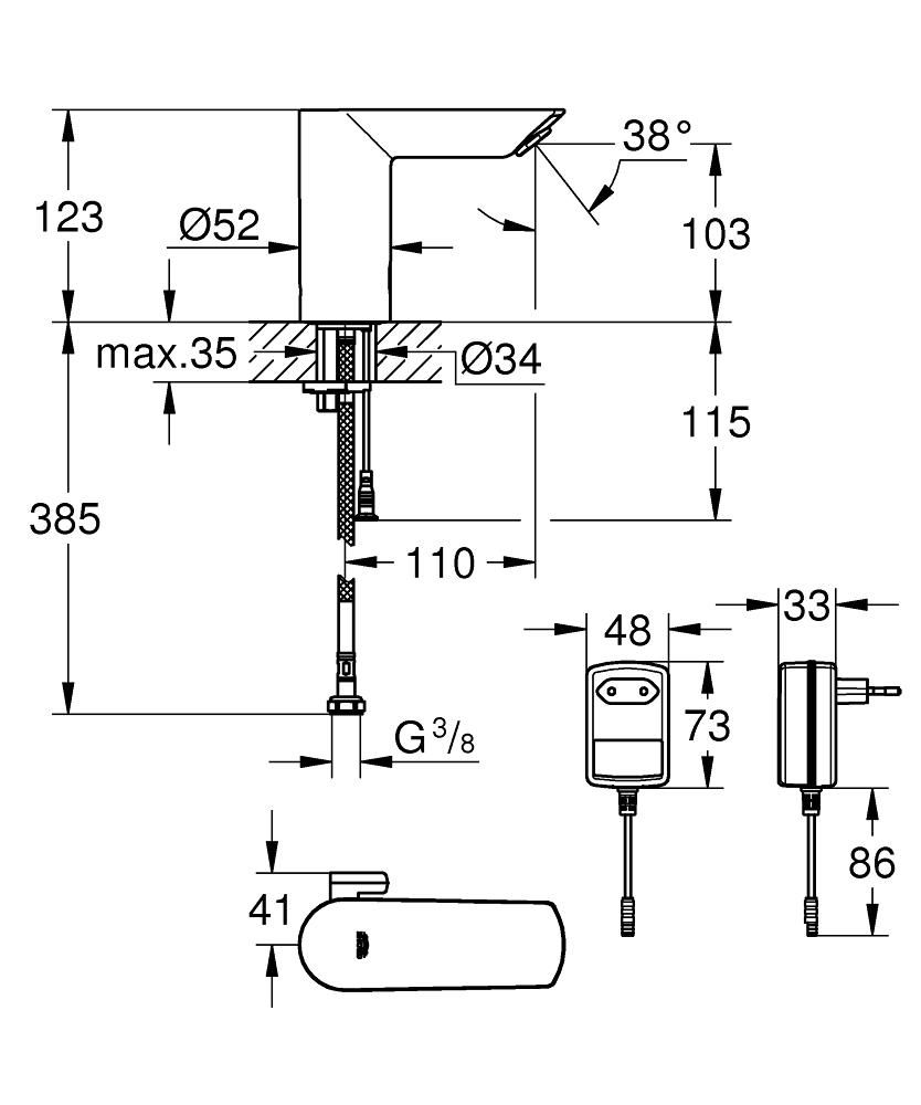 Смеситель для умывальника GROHE BAU COSM E с инфракрасным датчиком 3/8 36453000 - фото 2