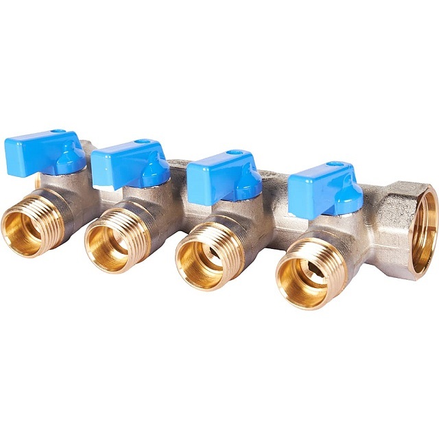 STOUT Коллектор с шаровыми кранами (синие ручки) 3/4", 4 отвода 1/2"