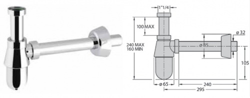 Сифон для умывальника с накидной гайкой, металл, хром 5/4". M0495