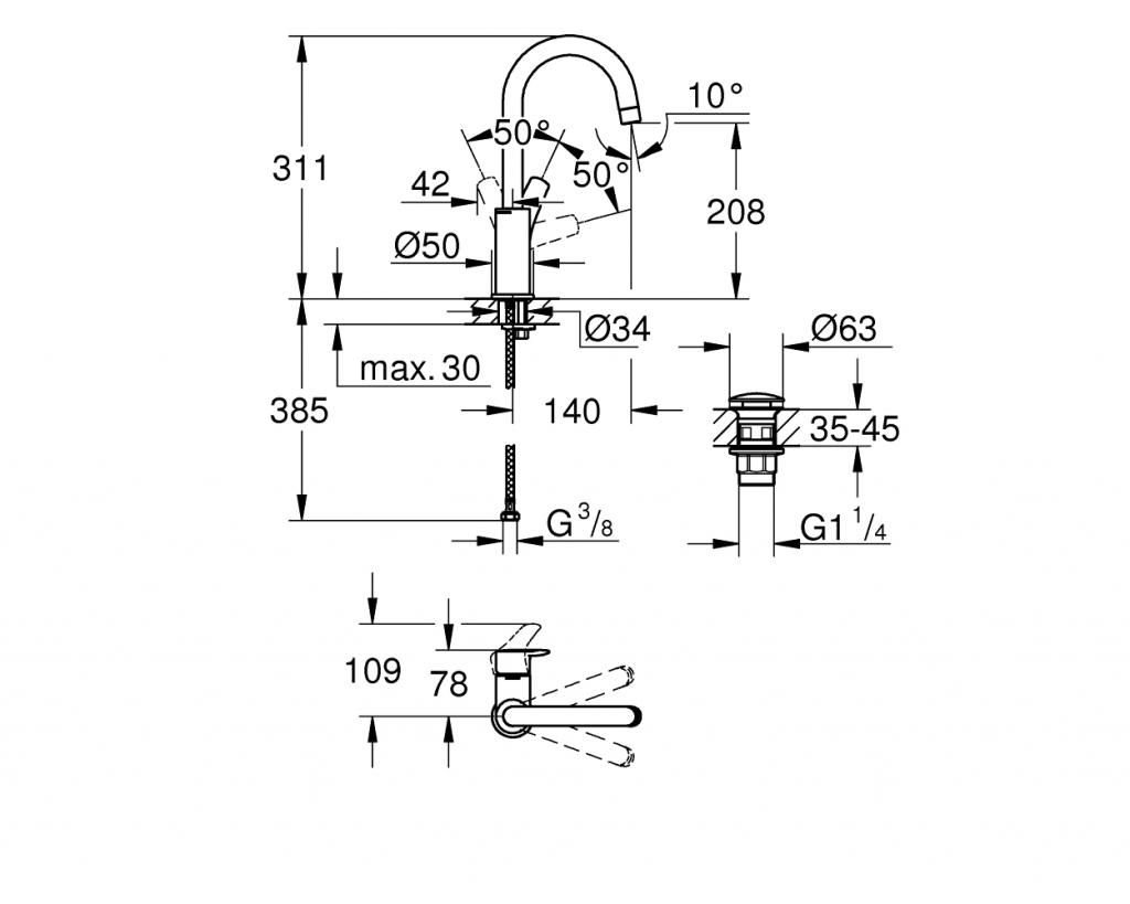 Смеситель для умывальника GROHE EUROSMART донный клапан 3/8 23970003 - фото 5