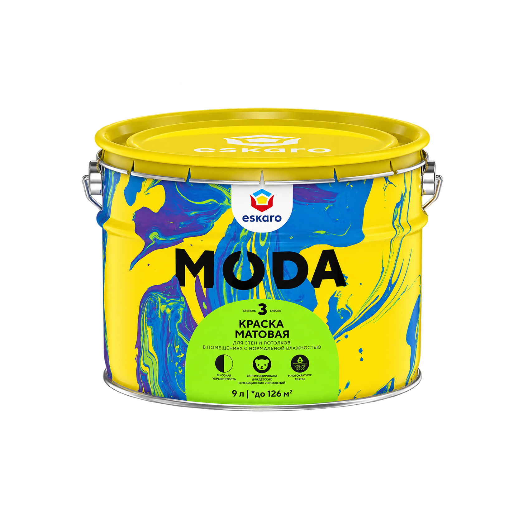 Краска матовая моющаяся для стен и потолков Eskaro Moda 3, база А, 9 л, 13,1 кг
