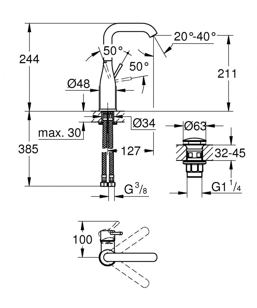 Смеситель для умывальника GROHE ESSENCE донный клапан 3/8 23799001 - фото 2
