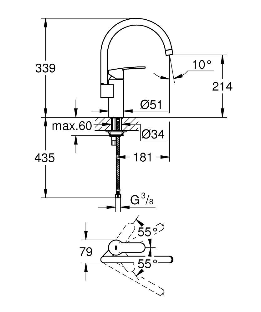 Смеситель для мойки GROHE EUROSTYLE COSM высокий излив 30221002 - фото 2