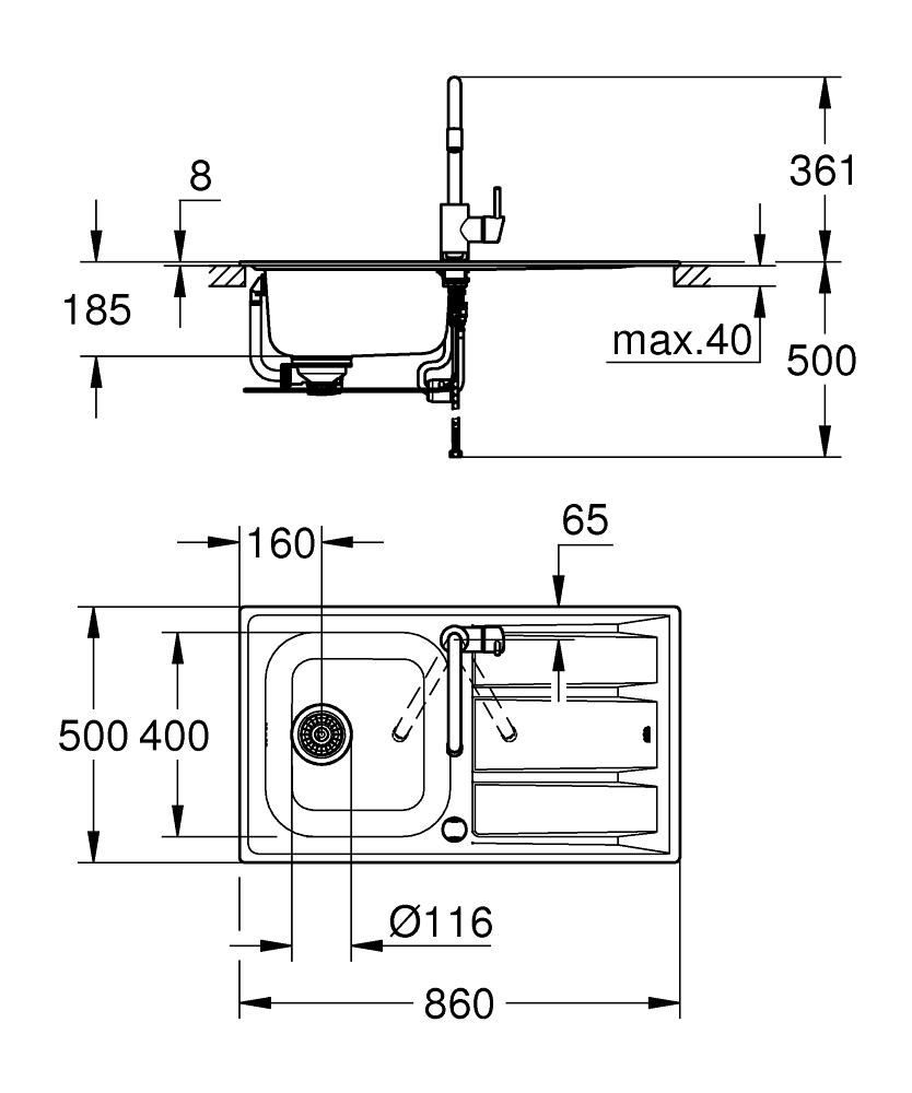 Мойка нержавеющая сталь K400 860*500 со смесителем Concetto Grohe 31570SD0 - фото 2