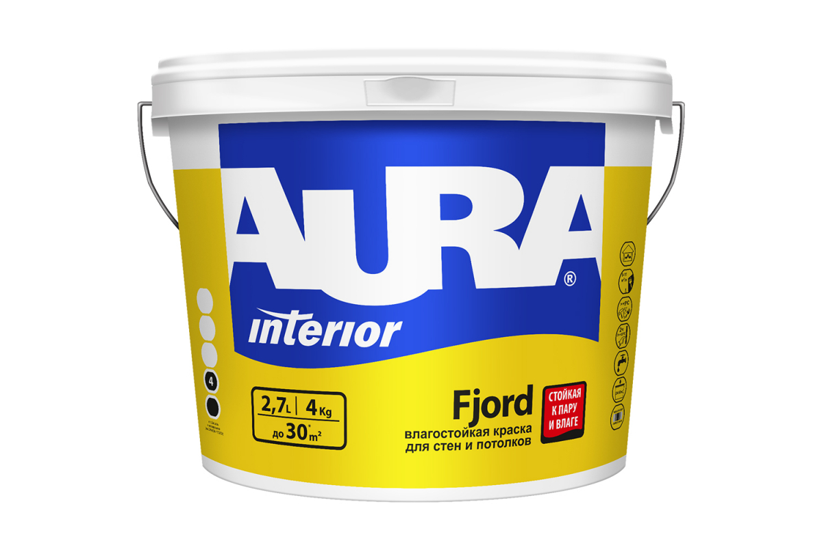 Краска влагостойкая Aura Fjord для стен и потолков, ванной и кухни, база А, 0,9 л