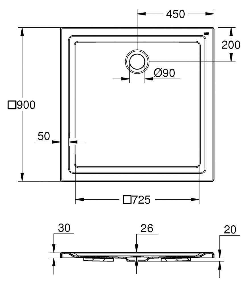 Душевой поддон акриловый 90*90 (h3) GROHE квадрат 39301000 - фото 2