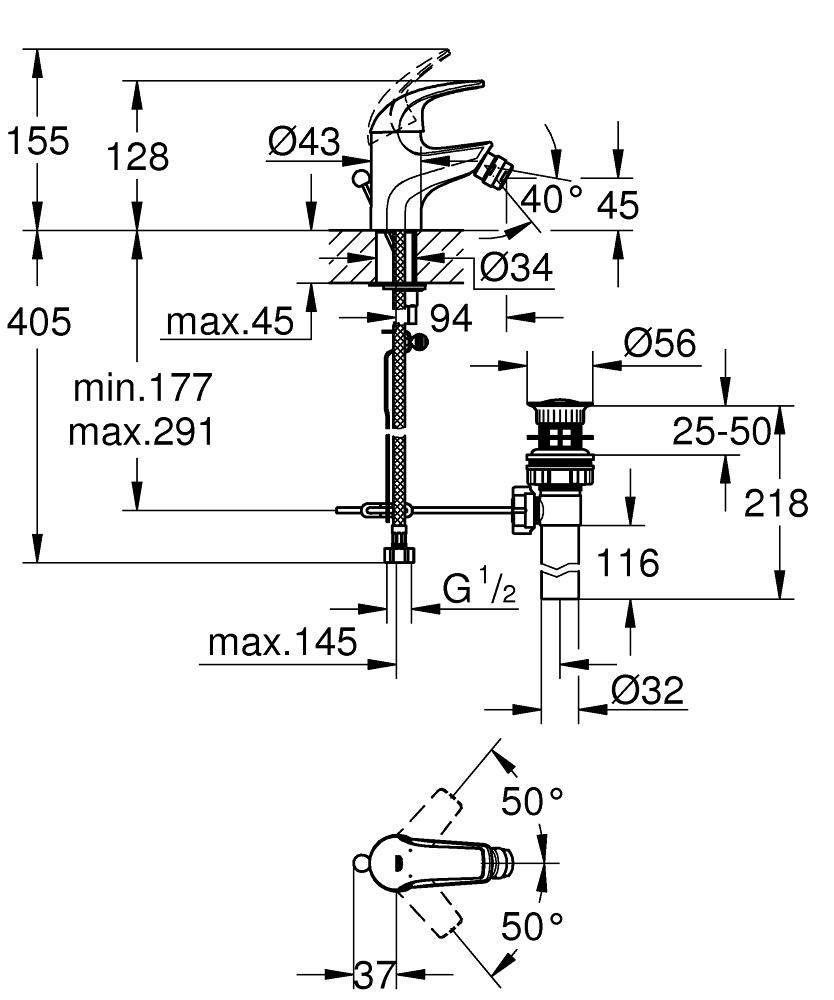 Смеситель для биде GROHE BAUCURVE с донным клапаном 3/8 32849000 - фото 2