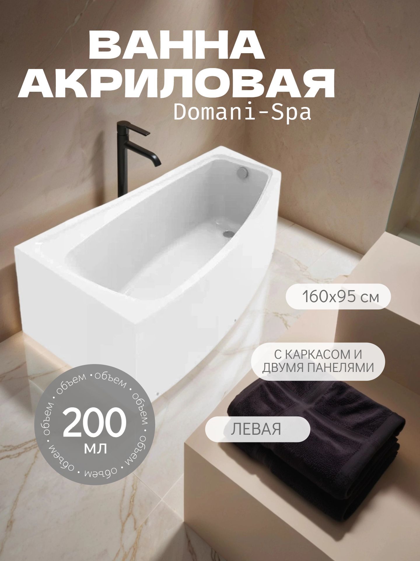 Ванна акриловая Domani-Spa Trend 160х95 левая с каркасом и 2 панелями - инфографика 1