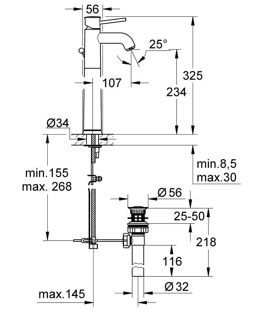 Смеситель для умывальника GROHE BAUCLASSIC донный клапан 3/8 32868000 - фото 2