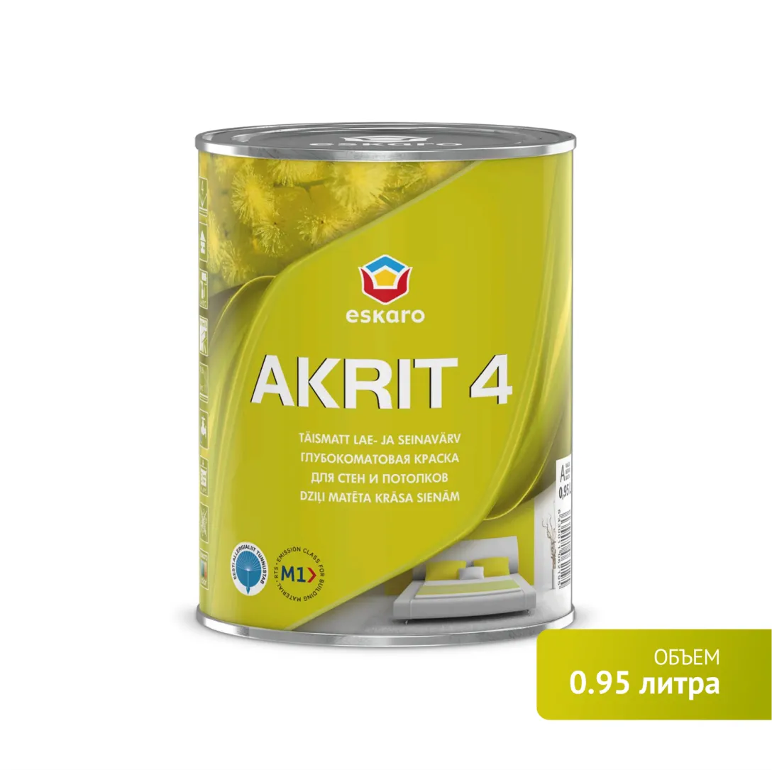 Глубокоматовая краска для стен и потолков Eskaro Akrit 4, База А белая, 0,95 л