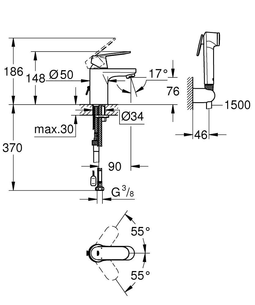 Смеситель для умывальника GROHE EUROSMART COSM с гигиеническим душем 3/8 23125000 - фото 2