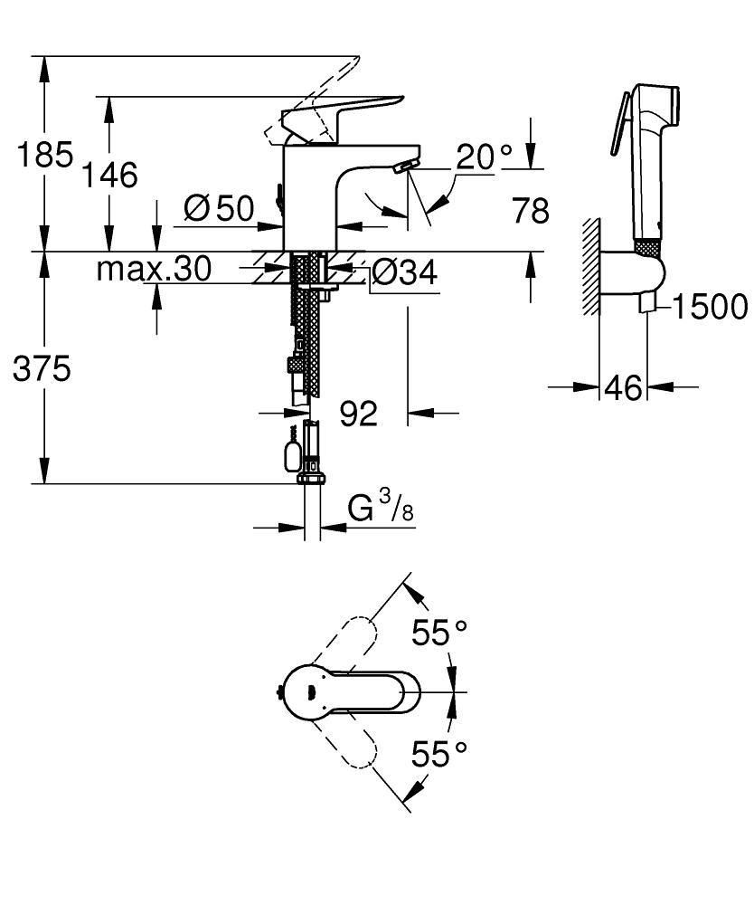 Смеситель для умывальника GROHE BAUEDGE с гигиеническим душем 3/8 23757000 - фото 2