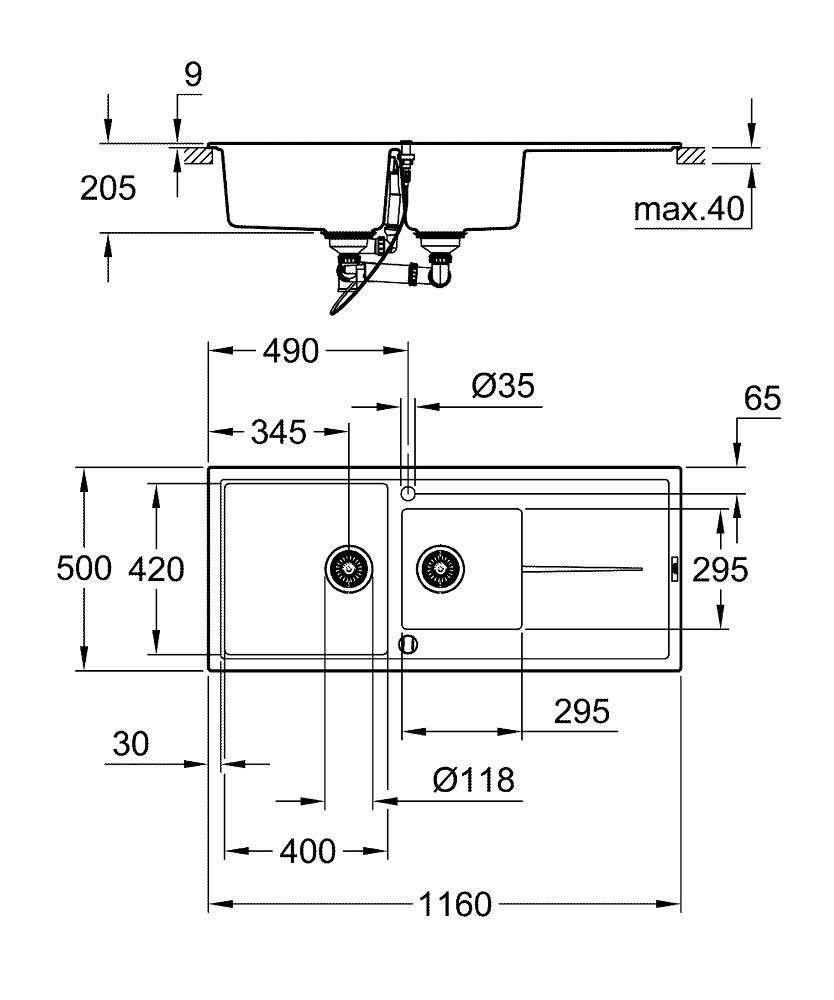 Мойка GROHE 1160*500 K400 80-C 116/50 1.5 31643AP0 - фото 3