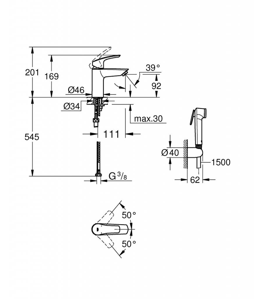 Смеситель для умывальника GROHE EUROSMART с гигиеническим душем 23124003 - фото 4