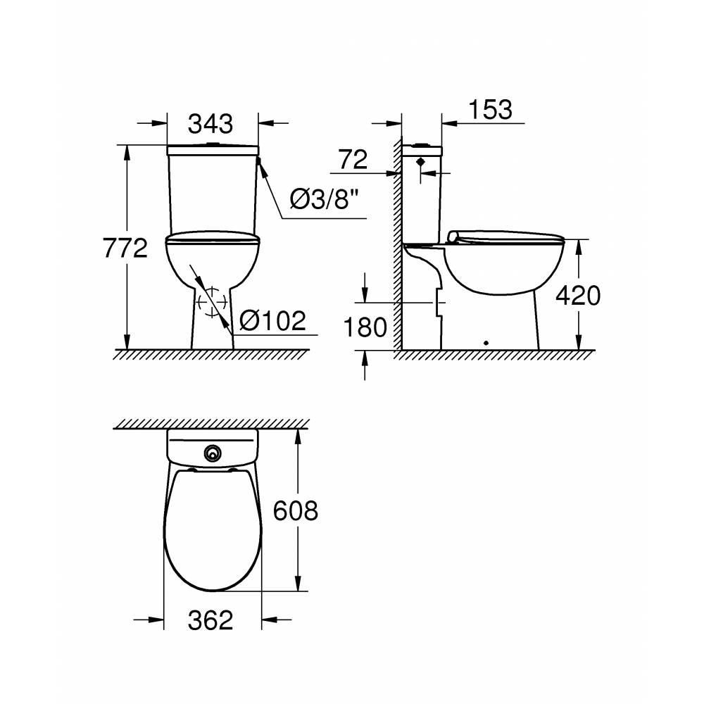 Унитаз в комплекте GROHE BAU Set горизонтальный выпуск нижний подвод 3/6л сиденье микролифт 115435 - фото 2