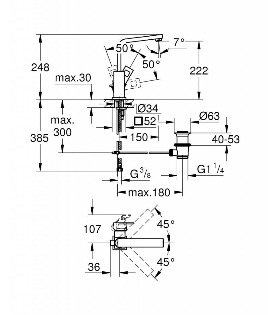 Смеситель для умывальника GROHE EUROCUBE донный клапан 3/8 2313500E - фото 2