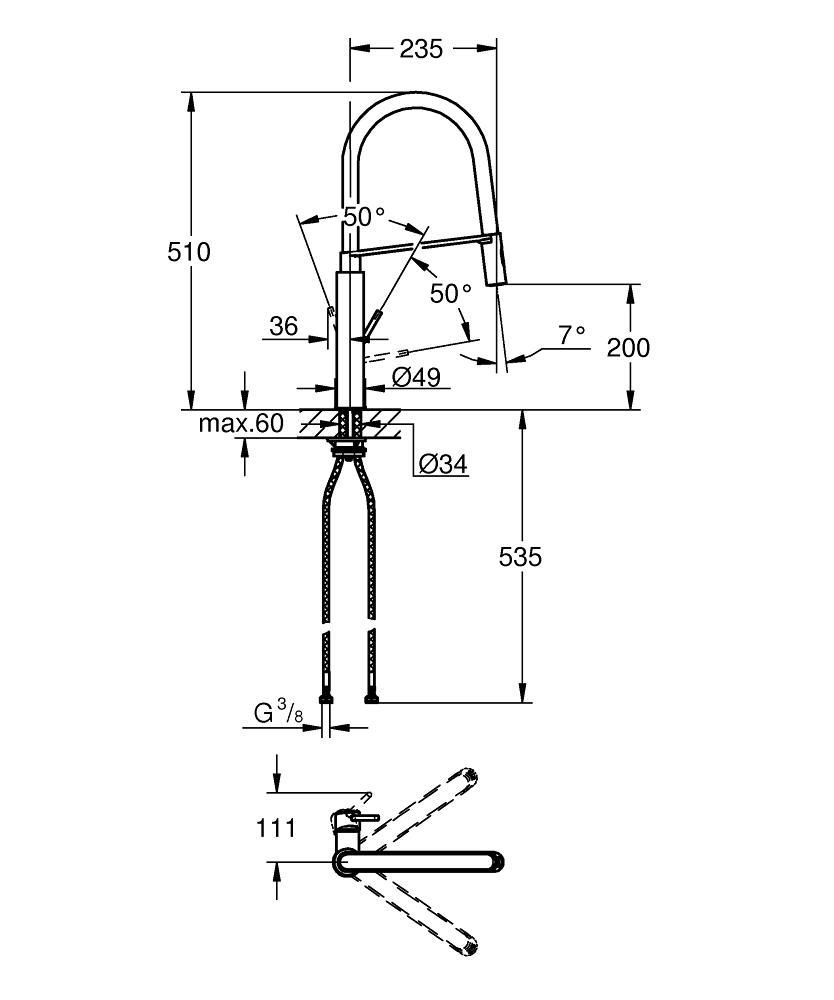 Смесит для мойки GROHE CONCETTO PROF вытяжной излив 3/8 31491000 - фото 3