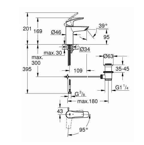 Смеситель для умывальника GROHE EUROSMART ES донный клапан 3/8 32926003 - фото 2