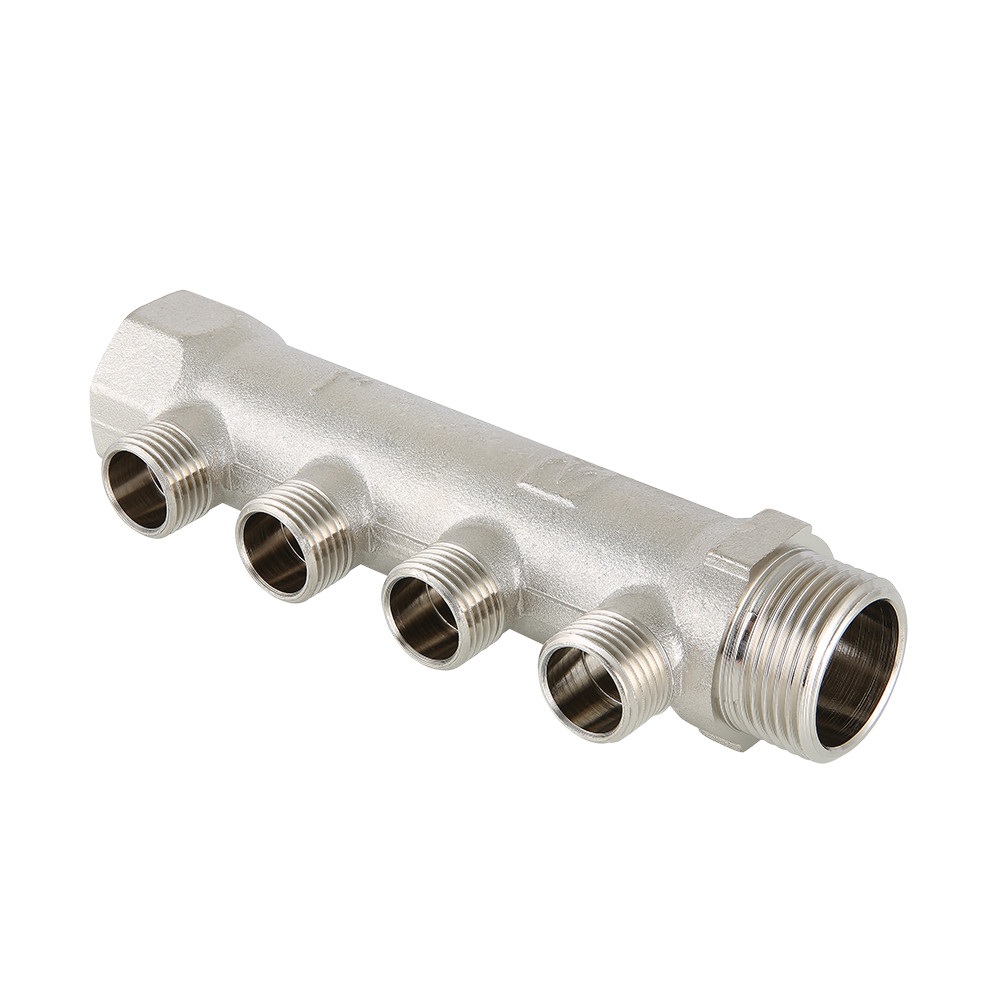 Коллектор латунный никелированный Valtec, наружная резьба, 4 выхода, 1"x1/2"