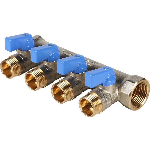 STOUT Коллектор с шаровыми кранами (синие ручки) латунь 3/4", 4 отвода 1/2"