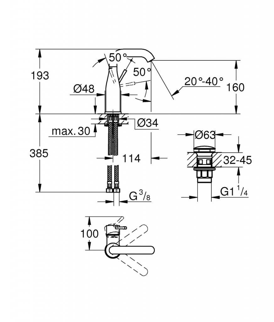 Смеситель для умывальника GROHE ESSENCE донный клапан 3/8 23798001 - фото 2