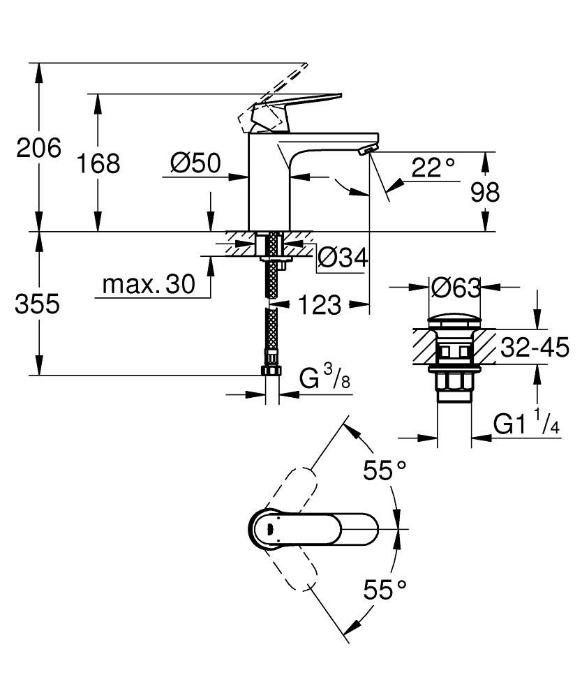 Смеситель для умывальника GROHE EUROSMART COSM донный клапан 3/8 23926000 - фото 3