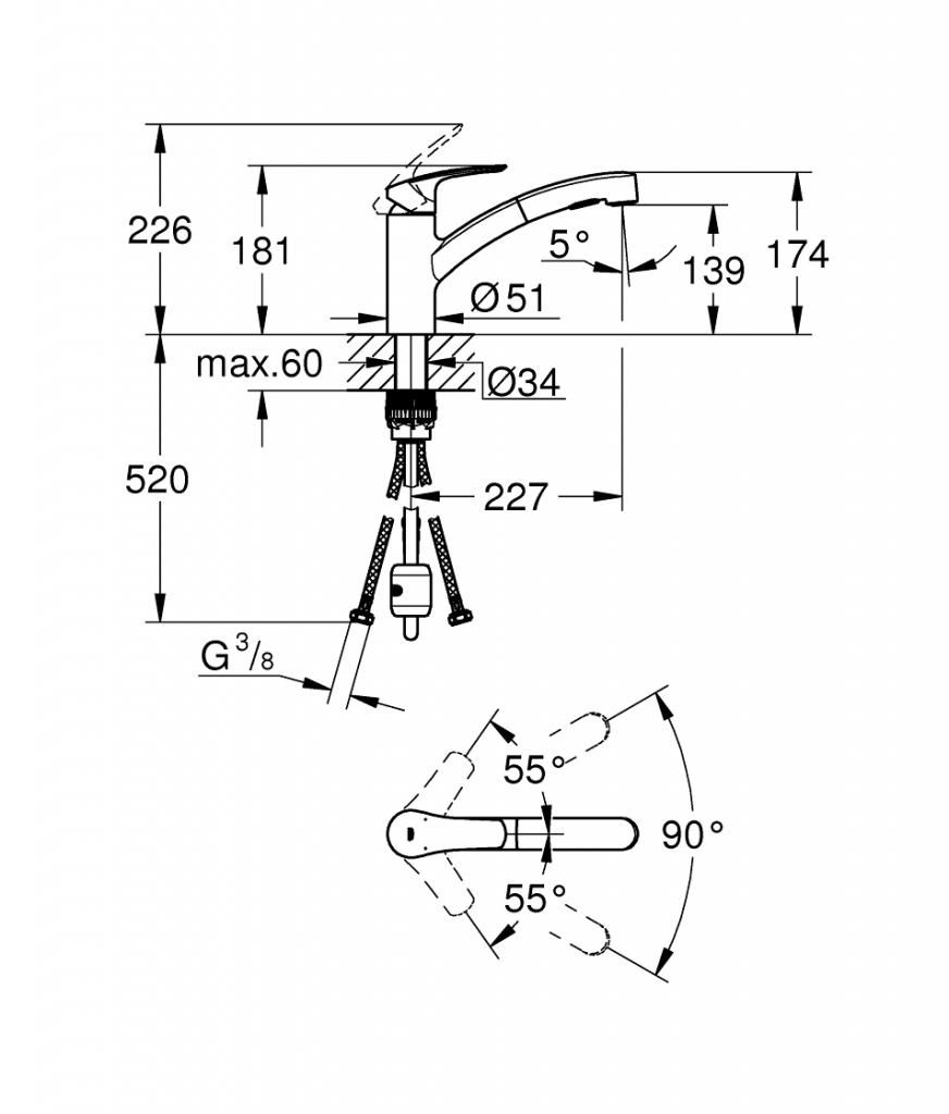 Смеситель для мойки GROHE EUROSMART вытяжной излив 3/8 30305001 - фото 4